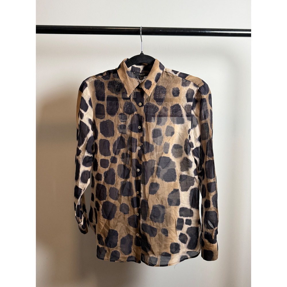Massimo Dutti Cotton Silk Animal Print Blouse Brown Black Button Down 2 XS